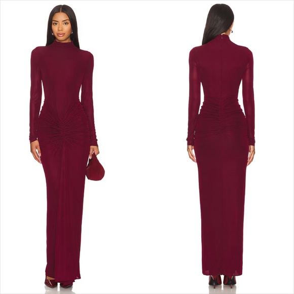 Ronny Kobo scorpio mock neck  ruched mesh jersey  burgundy maxi dress - Picture 3 of 13